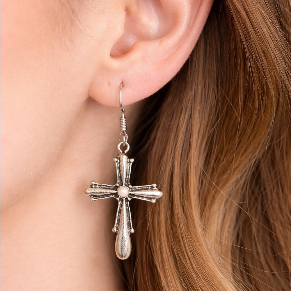 Silver Cross Drop Earrings